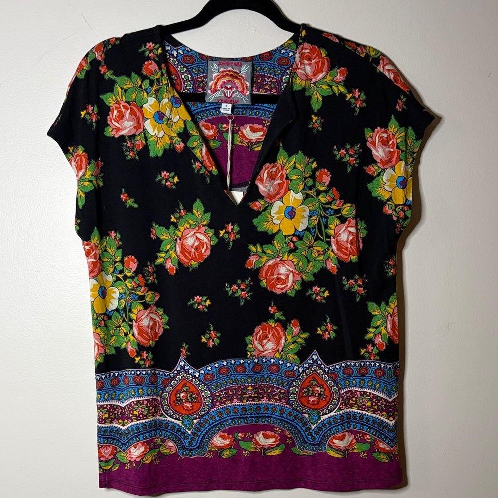 Johnny Was Black & Vibrant Floral V-Neck Blouse - Picture 4 of 8